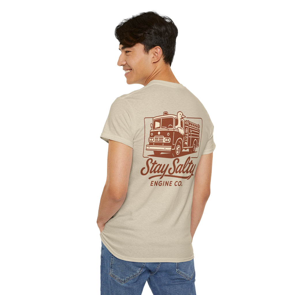 Stay Salty Engine Co. Silly Goose Tee — Vintage Fire Truck Graphic T-Shirt