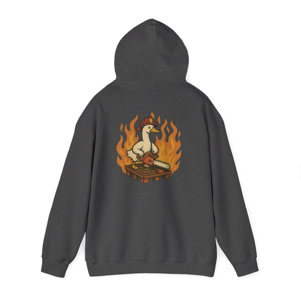 Silly Goose Truckie Hoodie — Retro Truckie Patch Design with Flaming Wheel