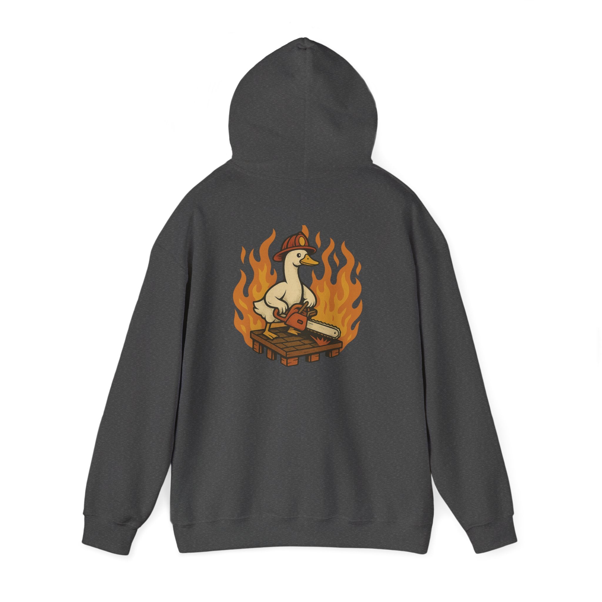 Silly Goose Truckie Hoodie — Retro Truckie Patch Design with Flaming Wheel