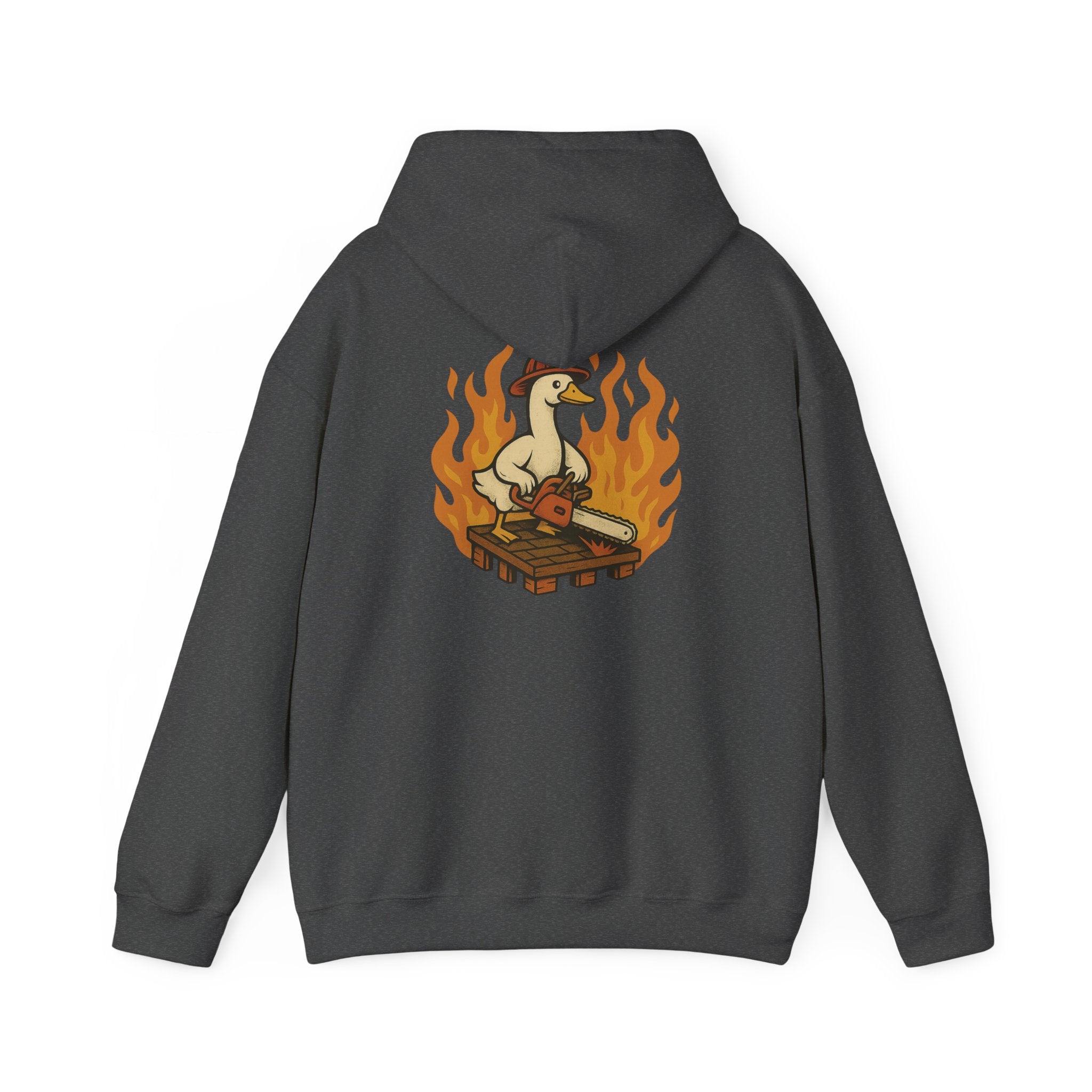 Silly Goose Truckie Hoodie — Retro Truckie Patch Design with Flaming Wheel