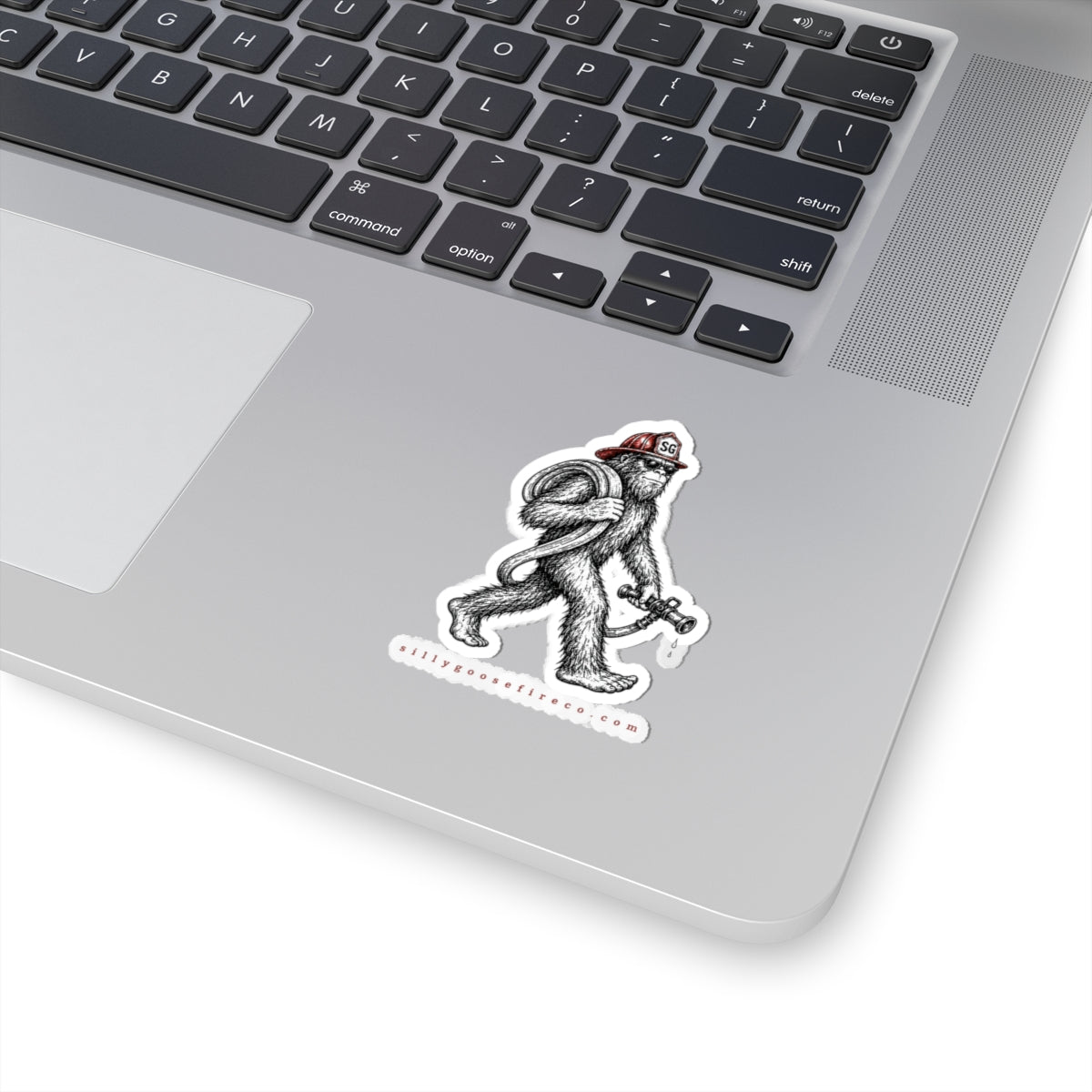 Skunk Ape Firefighter Kiss-Cut Sticker —Florida Skunk ape with Helmet & Hose