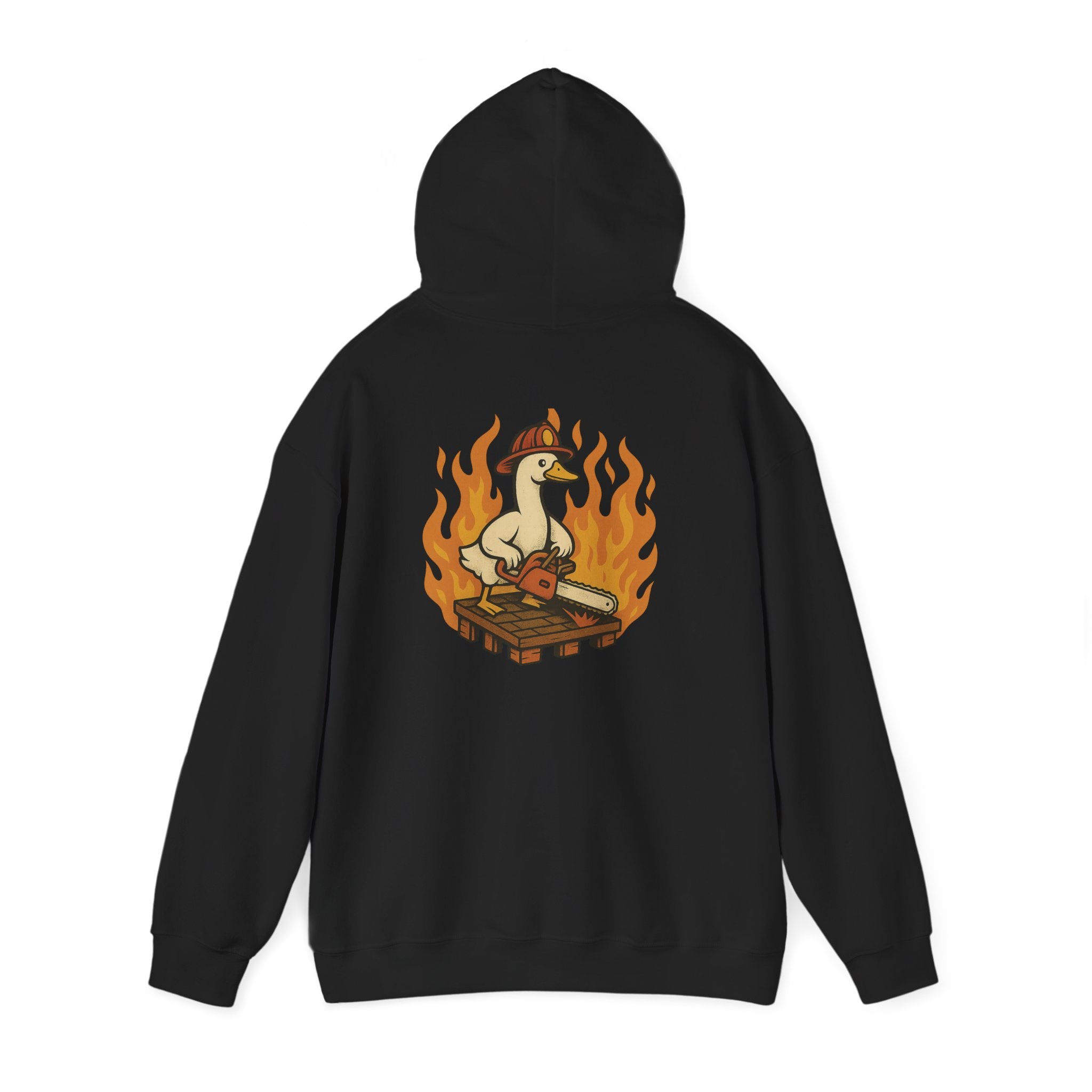 Silly Goose Truckie Hoodie — Retro Truckie Patch Design with Flaming Wheel
