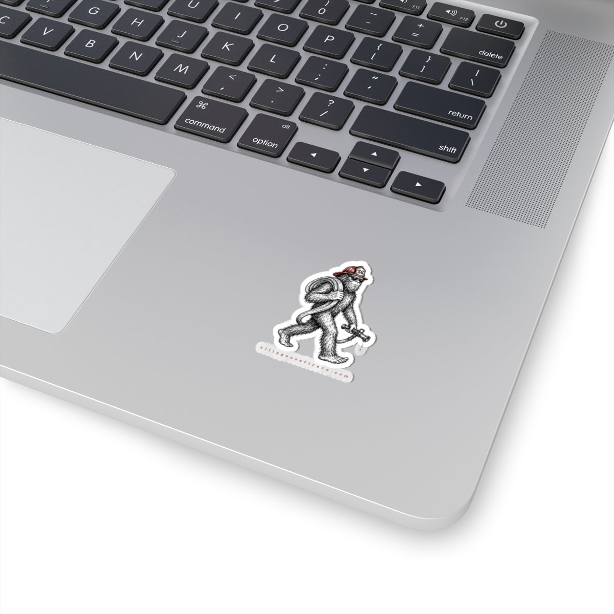 Skunk Ape Firefighter Kiss-Cut Sticker —Florida Skunk ape with Helmet & Hose