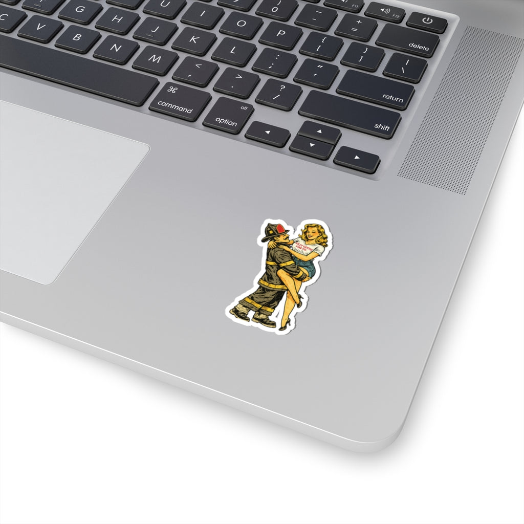 Pin-Up Firefighter Kiss-Cut Sticker — Retro Old-School Firefighter Art