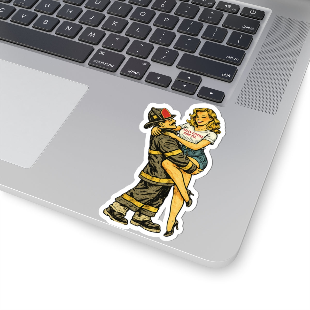 Pin-Up Firefighter Kiss-Cut Sticker — Retro Old-School Firefighter Art