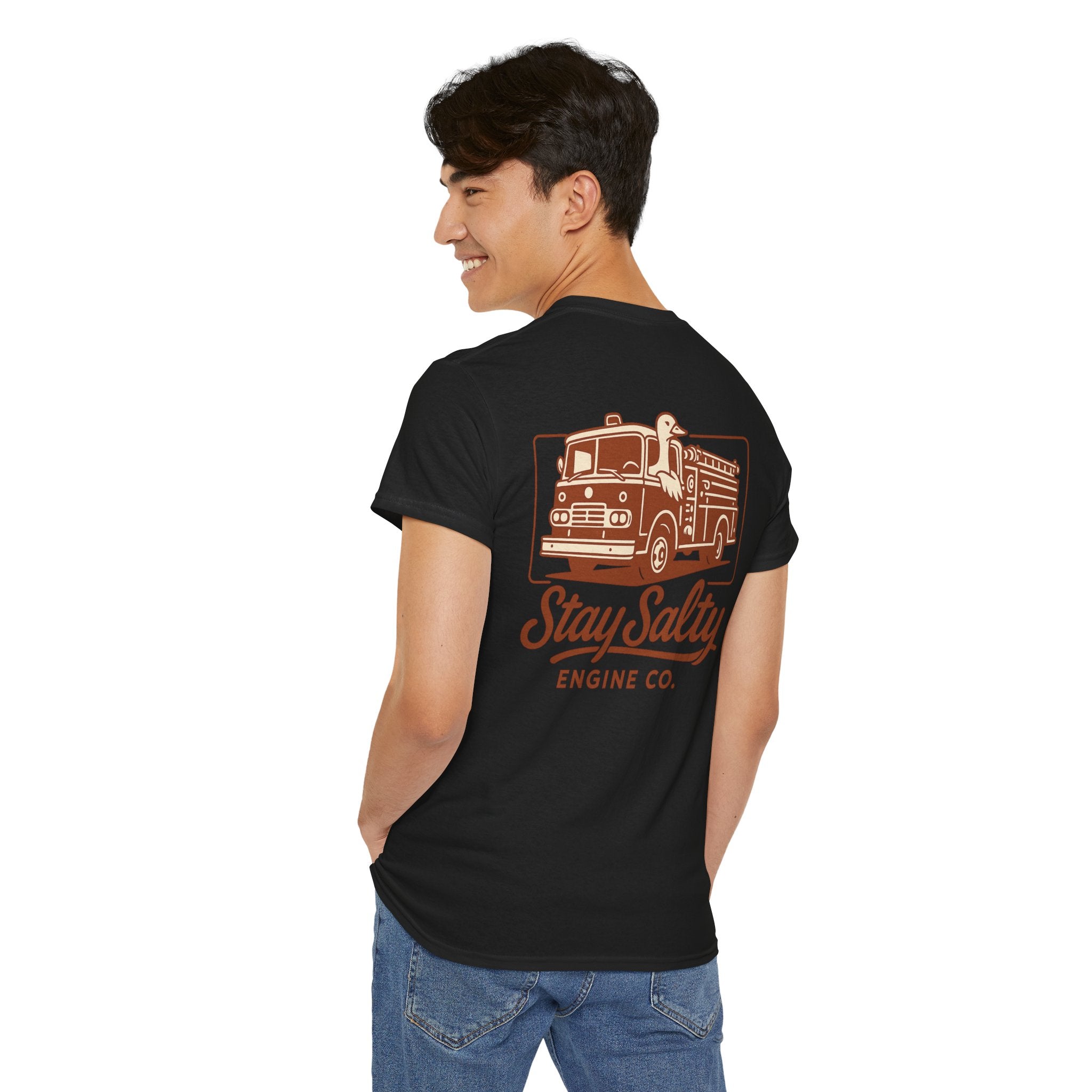 Stay Salty Engine Co. Silly Goose Tee — Vintage Fire Truck Graphic T-Shirt