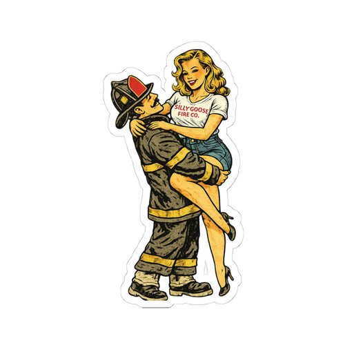 Pin-Up Firefighter Kiss-Cut Sticker — Retro Old-School Firefighter Art