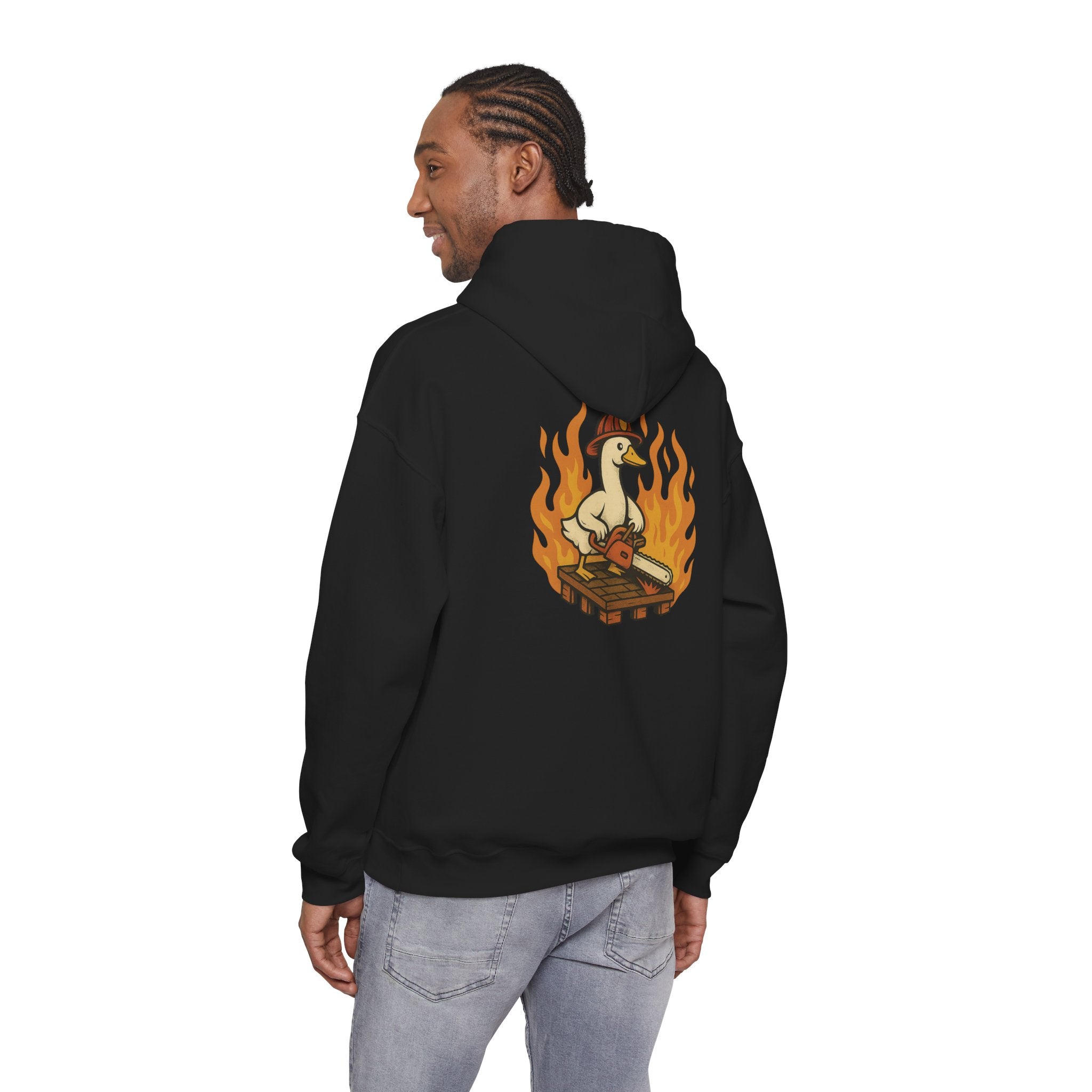Silly Goose Truckie Hoodie — Retro Truckie Patch Design with Flaming Wheel