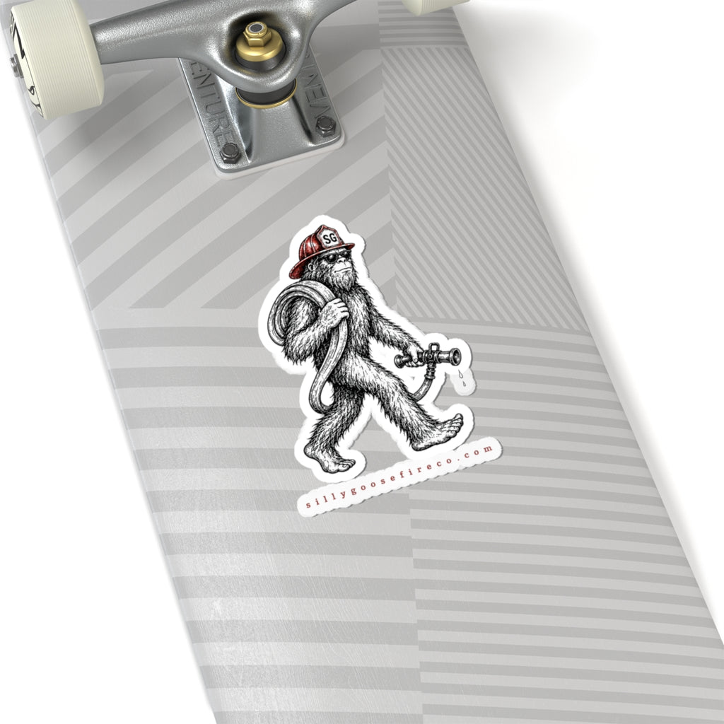 Skunk Ape Firefighter Kiss-Cut Sticker —Florida Skunk ape with Helmet & Hose