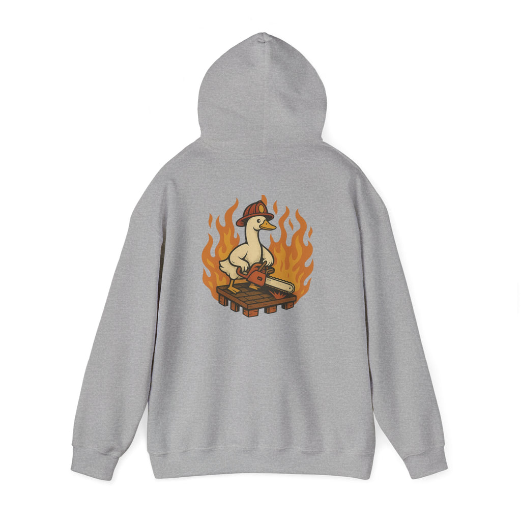 Silly Goose Truckie Hoodie — Retro Truckie Patch Design with Flaming Wheel