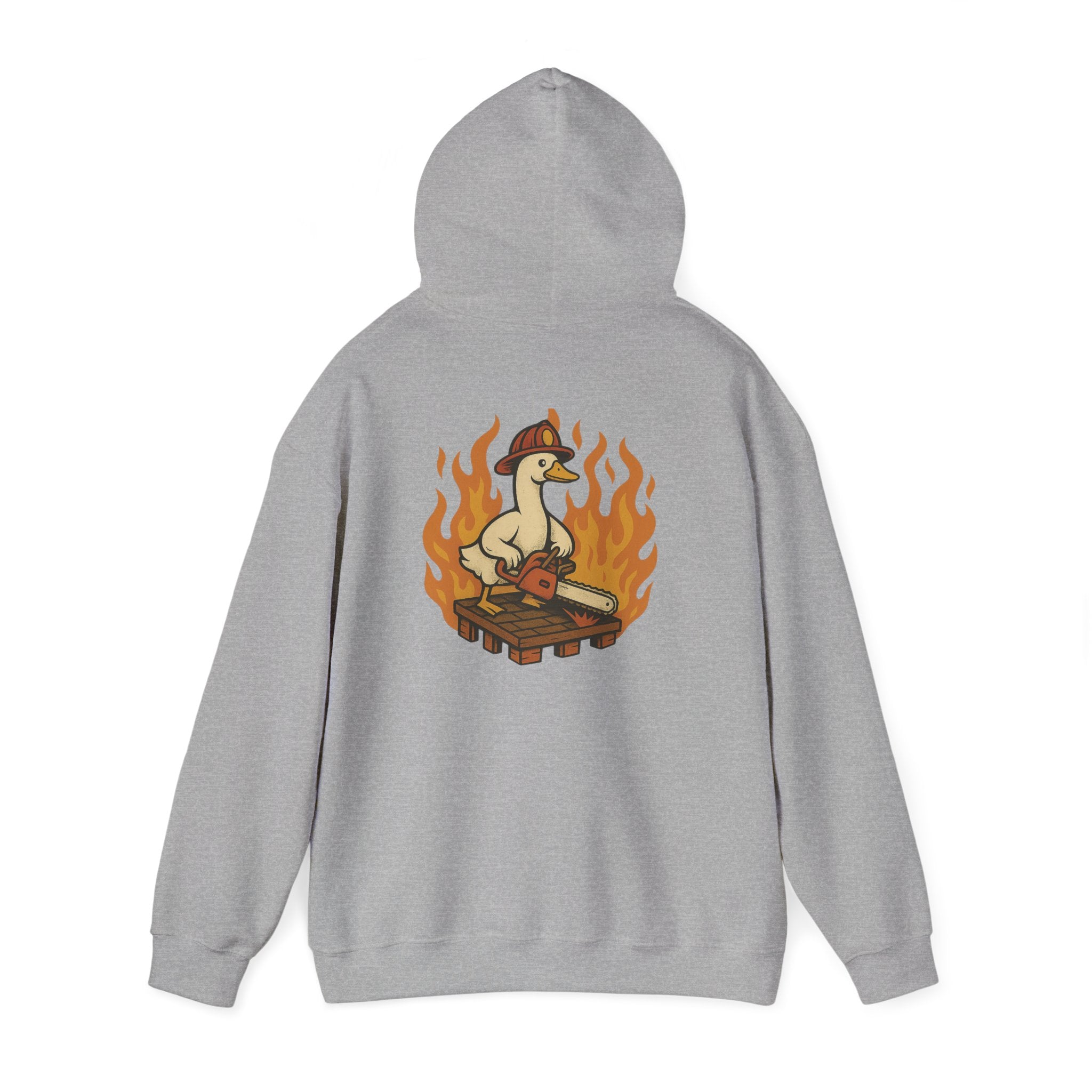 Silly Goose Truckie Hoodie — Retro Truckie Patch Design with Flaming Wheel