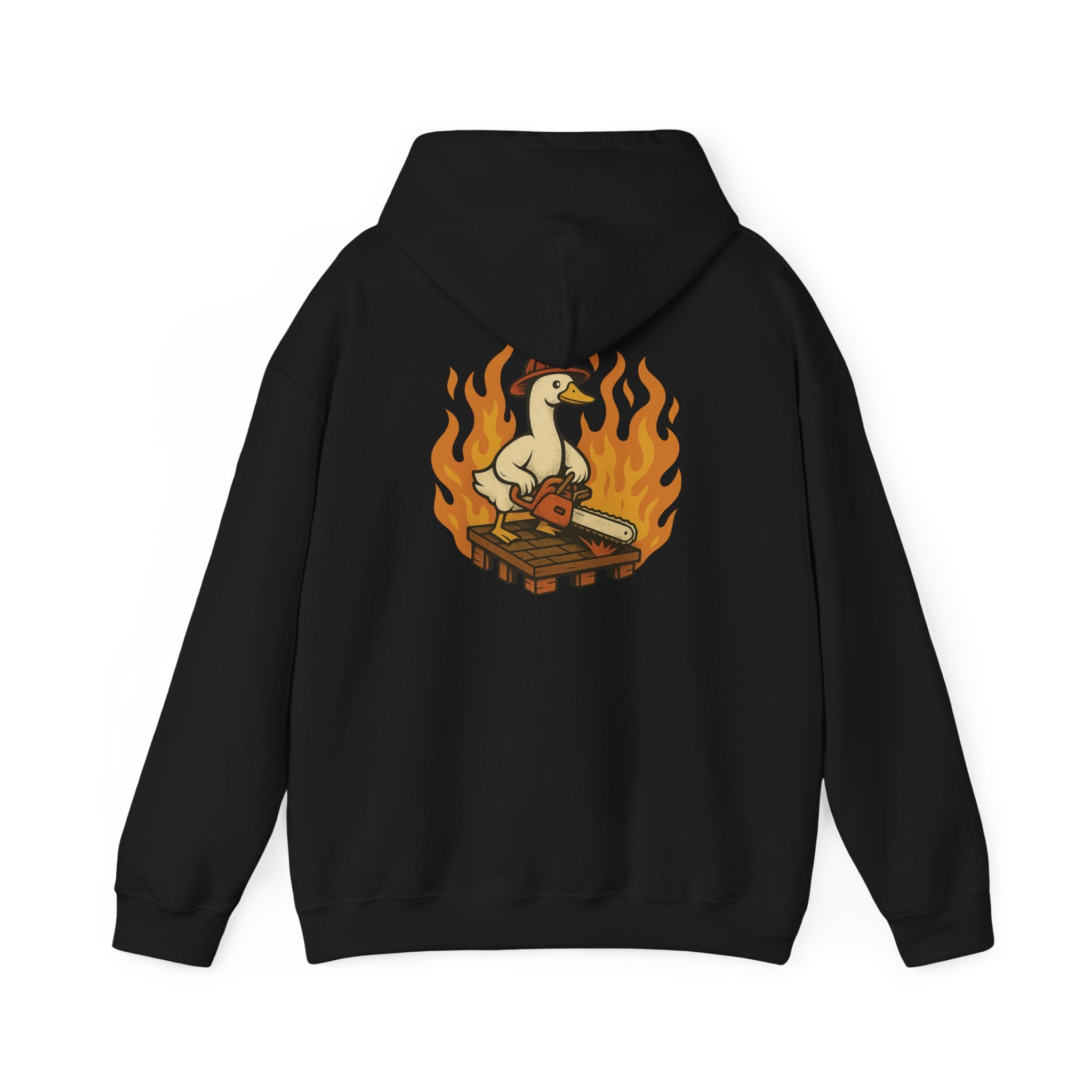 Silly Goose Truckie Hoodie — Retro Truckie Patch Design with Flaming Wheel