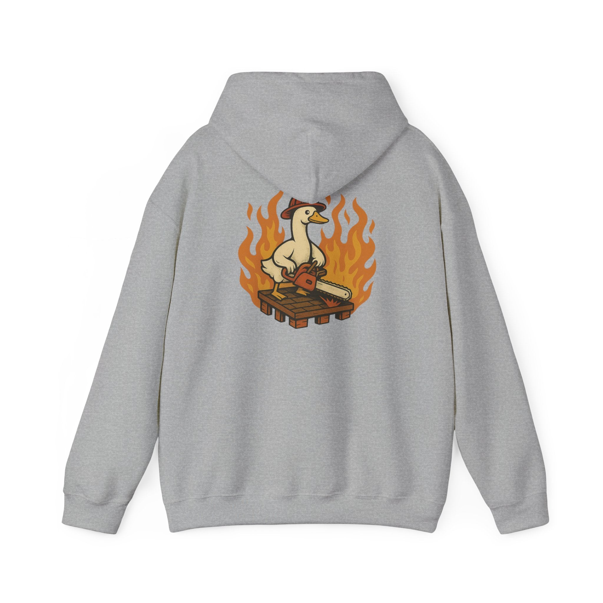 Silly Goose Truckie Hoodie — Retro Truckie Patch Design with Flaming Wheel