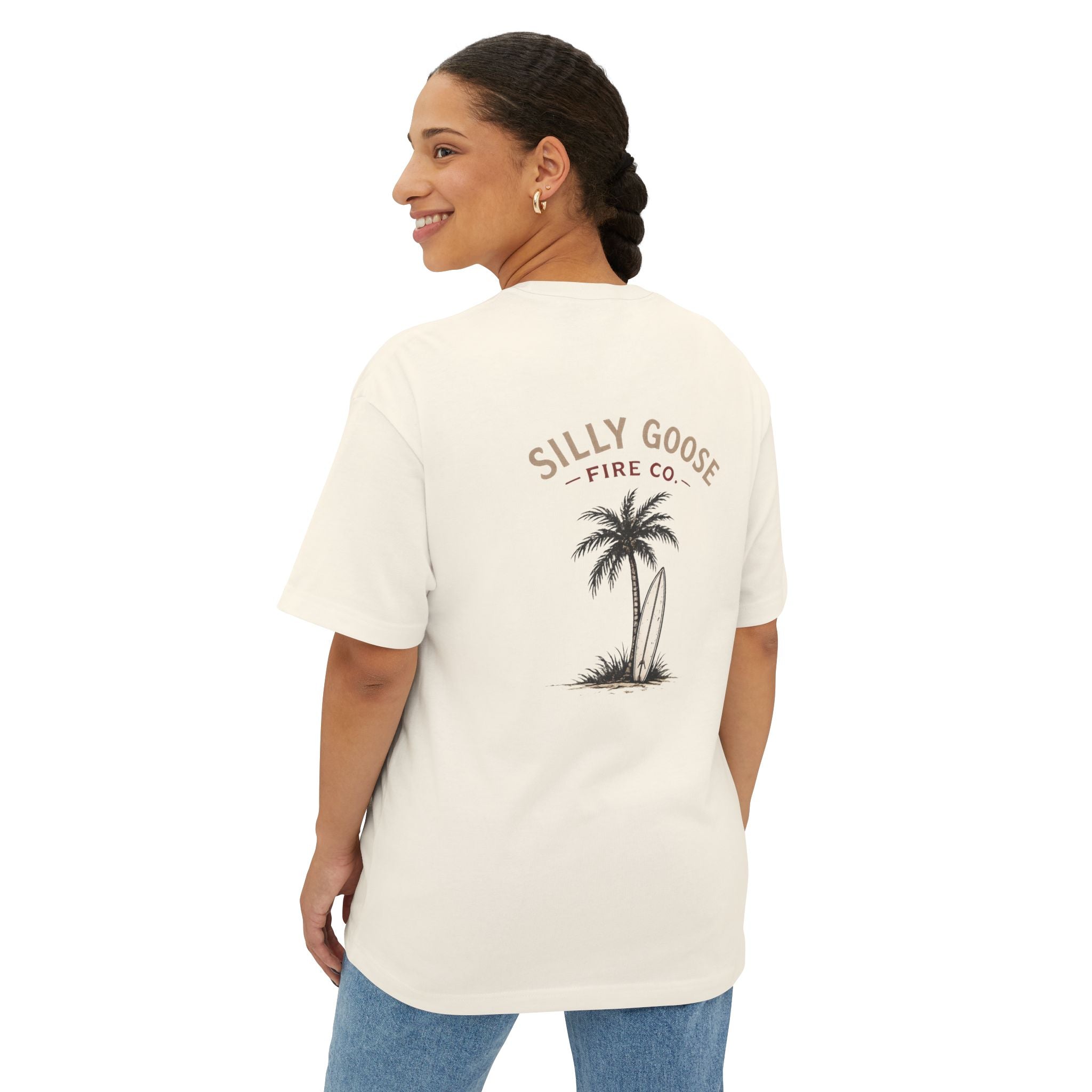 Silly Goose Surf Tee — Palm Tree & Surfboard Oversized Boxy T-Shirt