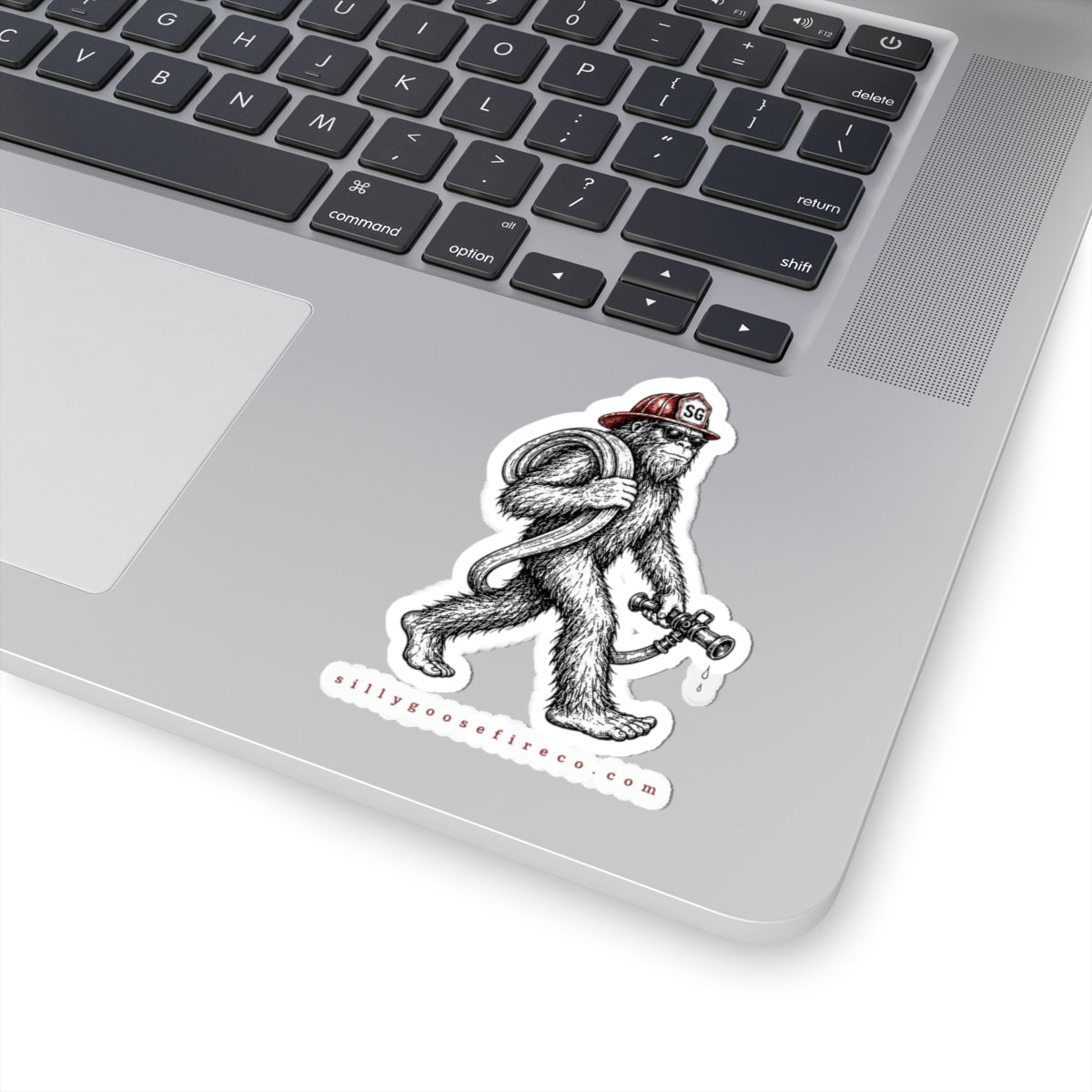 Skunk Ape Firefighter Kiss-Cut Sticker —Florida Skunk ape with Helmet & Hose
