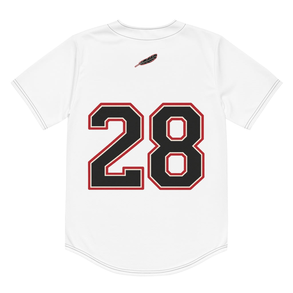 White SGFC No. 28 baseball jersey back product view with black and brick-red number