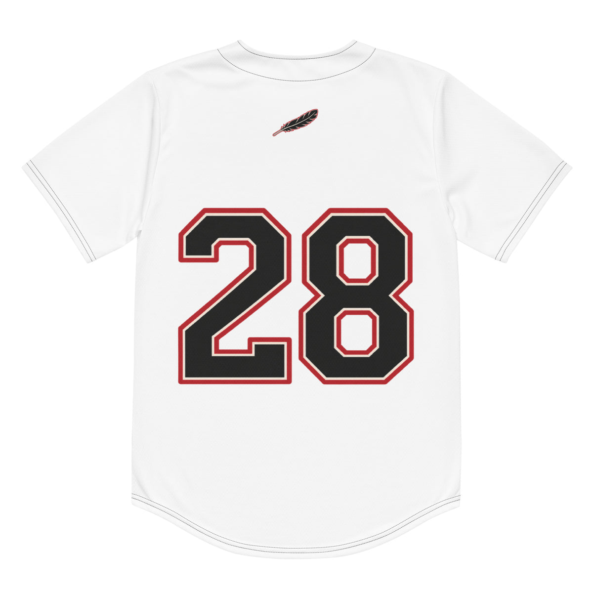 White SGFC No. 28 baseball jersey back product view with black and brick-red number