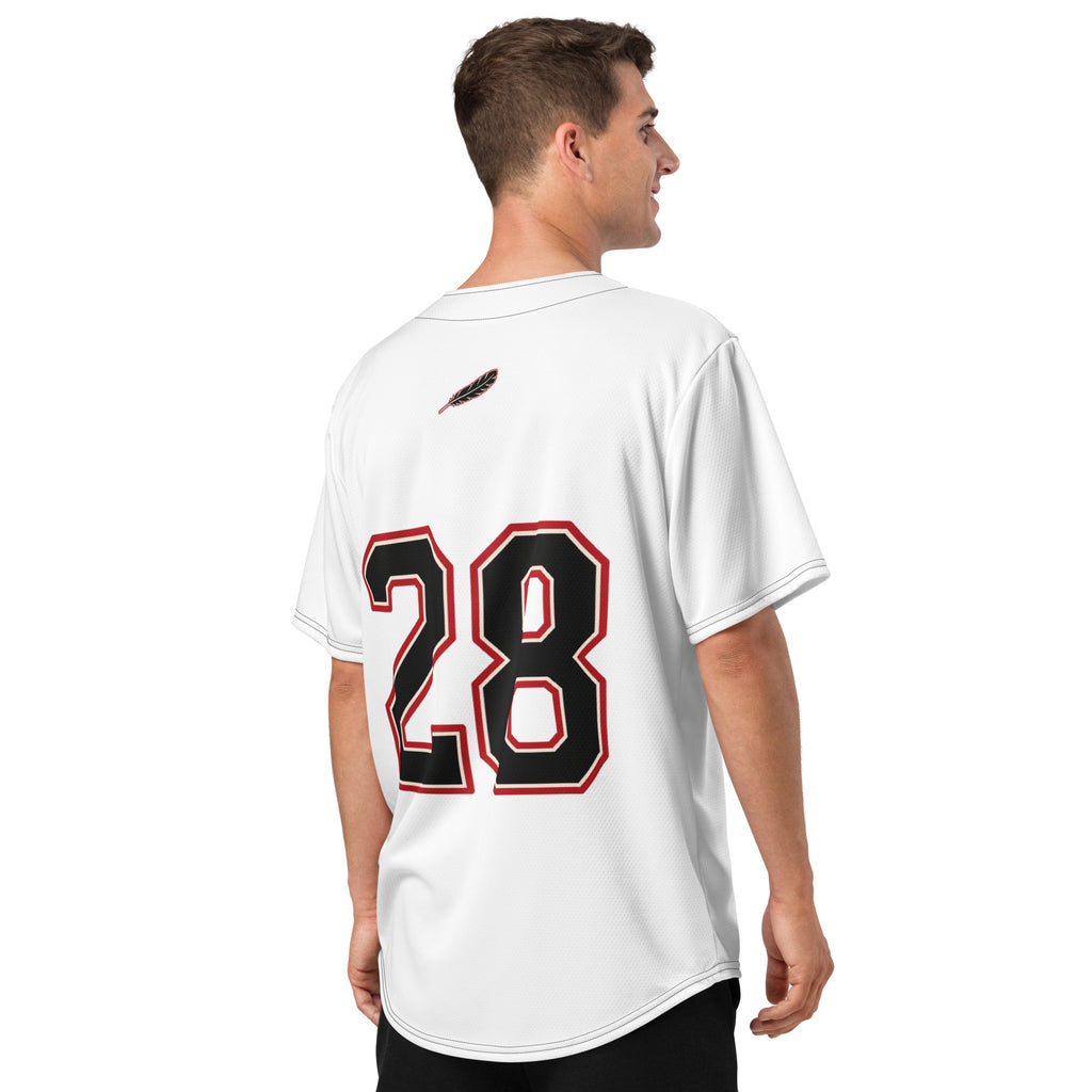 Silly Goose No. 28 Baseball Jersey back view with bold 28 and upper-back feather