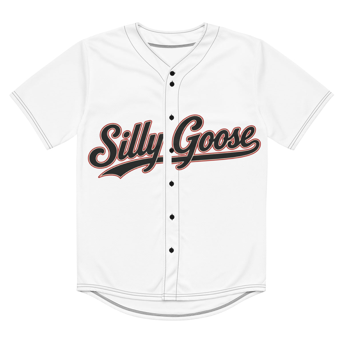 White SGFC No. 28 baseball jersey front product view with Silly Goose script