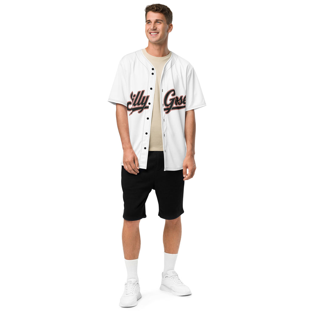 Silly Goose No. 28 Baseball Jersey front view with black and brick-red script on white