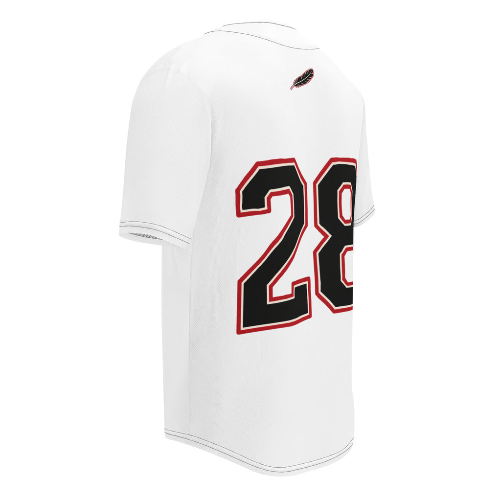 Silly Goose No. 28 Baseball Jersey angled back view with number 28 and feather detail