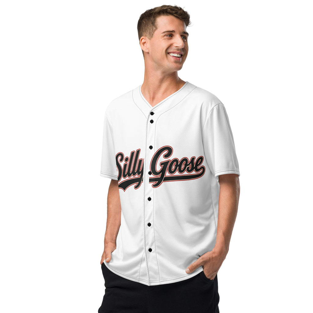 Silly Goose No. 28 Baseball Jersey left front view in white, black, and brick red