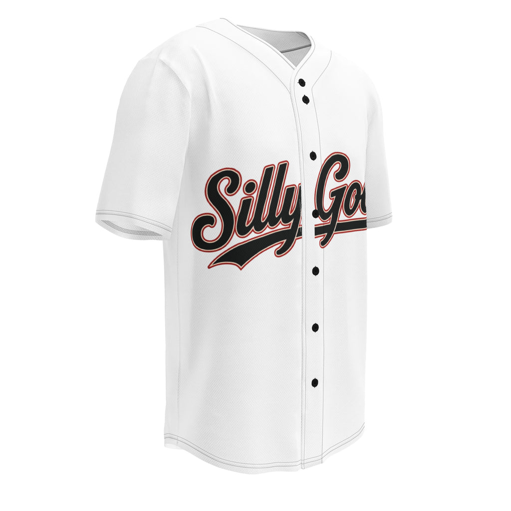 Silly Goose No. 28 Baseball Jersey angled front view showing button-front design